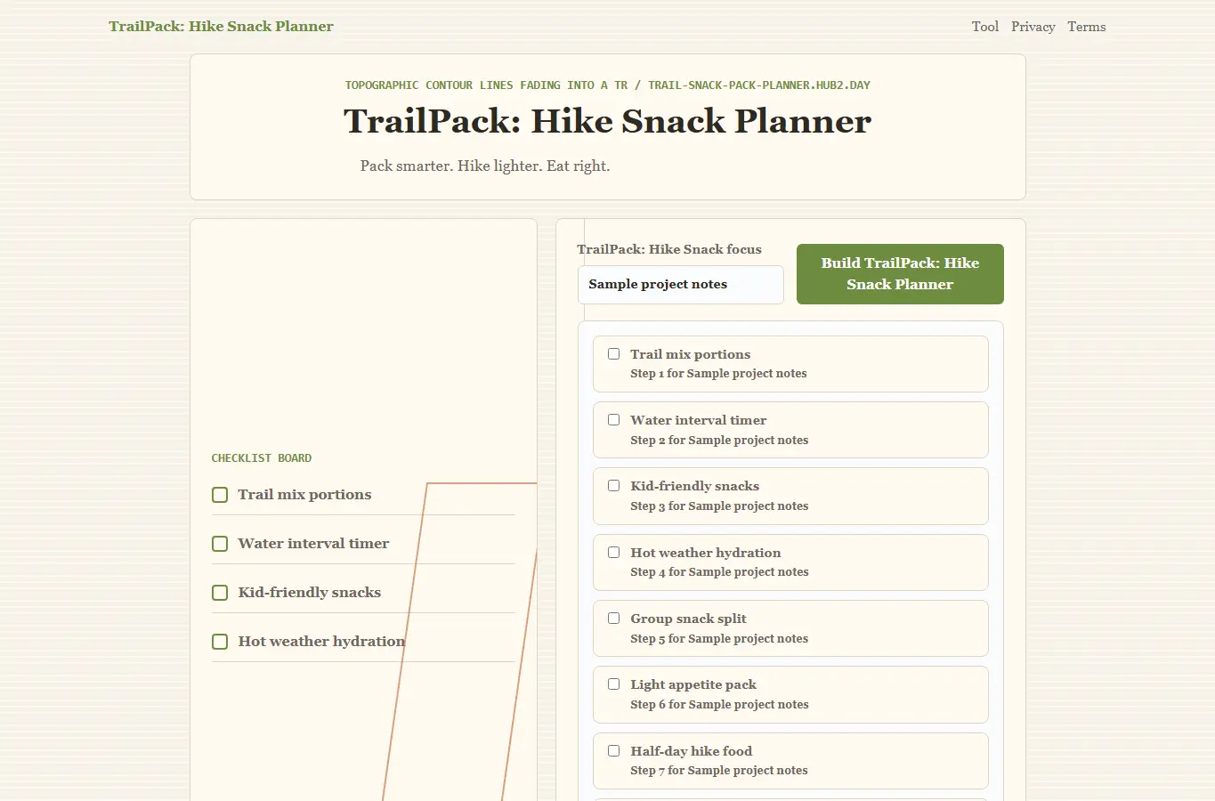 Screenshot of TrailPack: Hike Snack Planner interface showing the project page in use